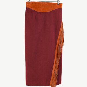 Ritz Saddler Burgundy Wool & Cashmere Suede-Fringe Midi Skirt